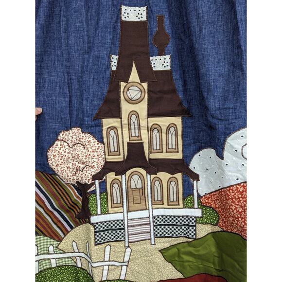 SALE Vintage Boho 1970s Handmade Wrap Skirt Appliqued Gothic House Fields Clouds - Picture 4 of 9
